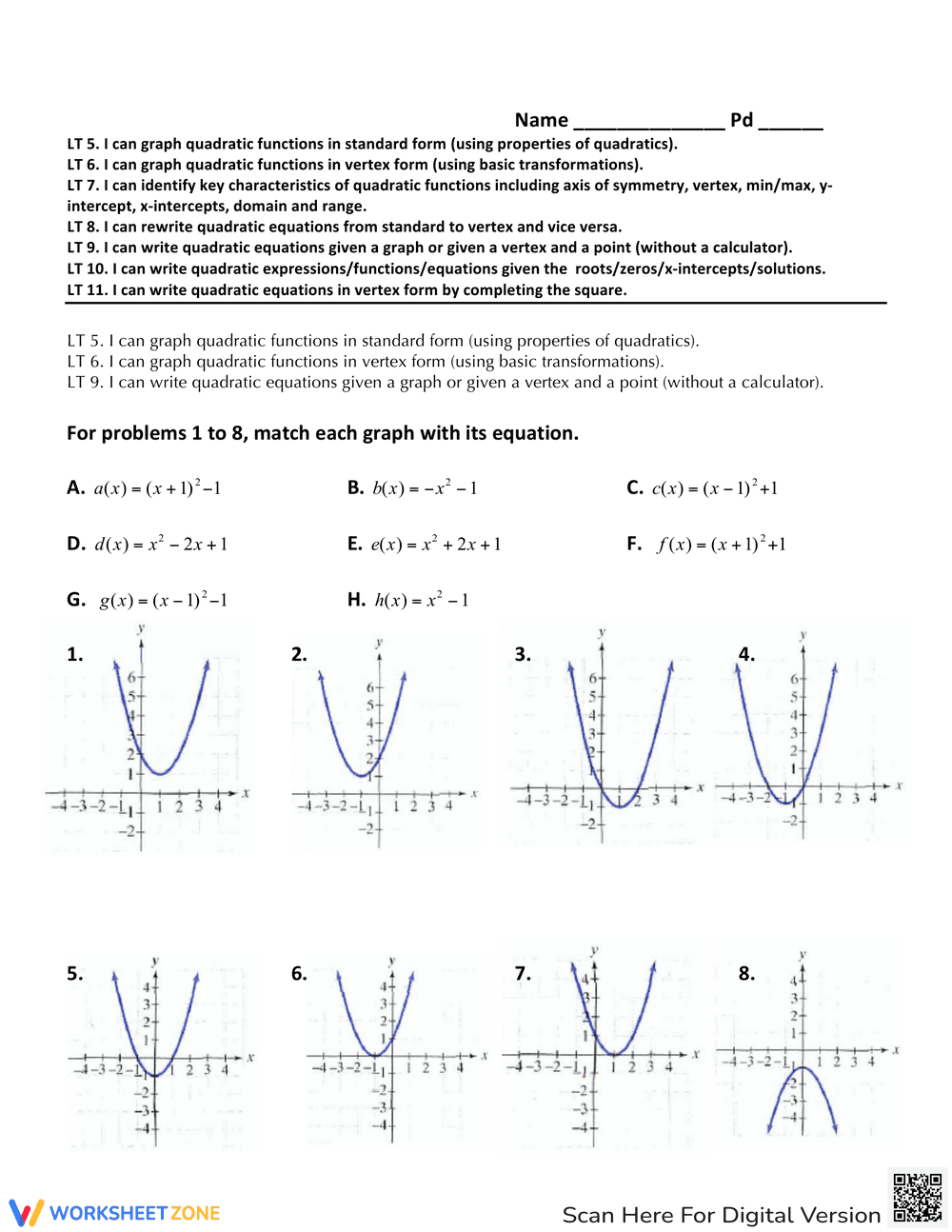 Graph Quadratic Functions Practice - Page 1