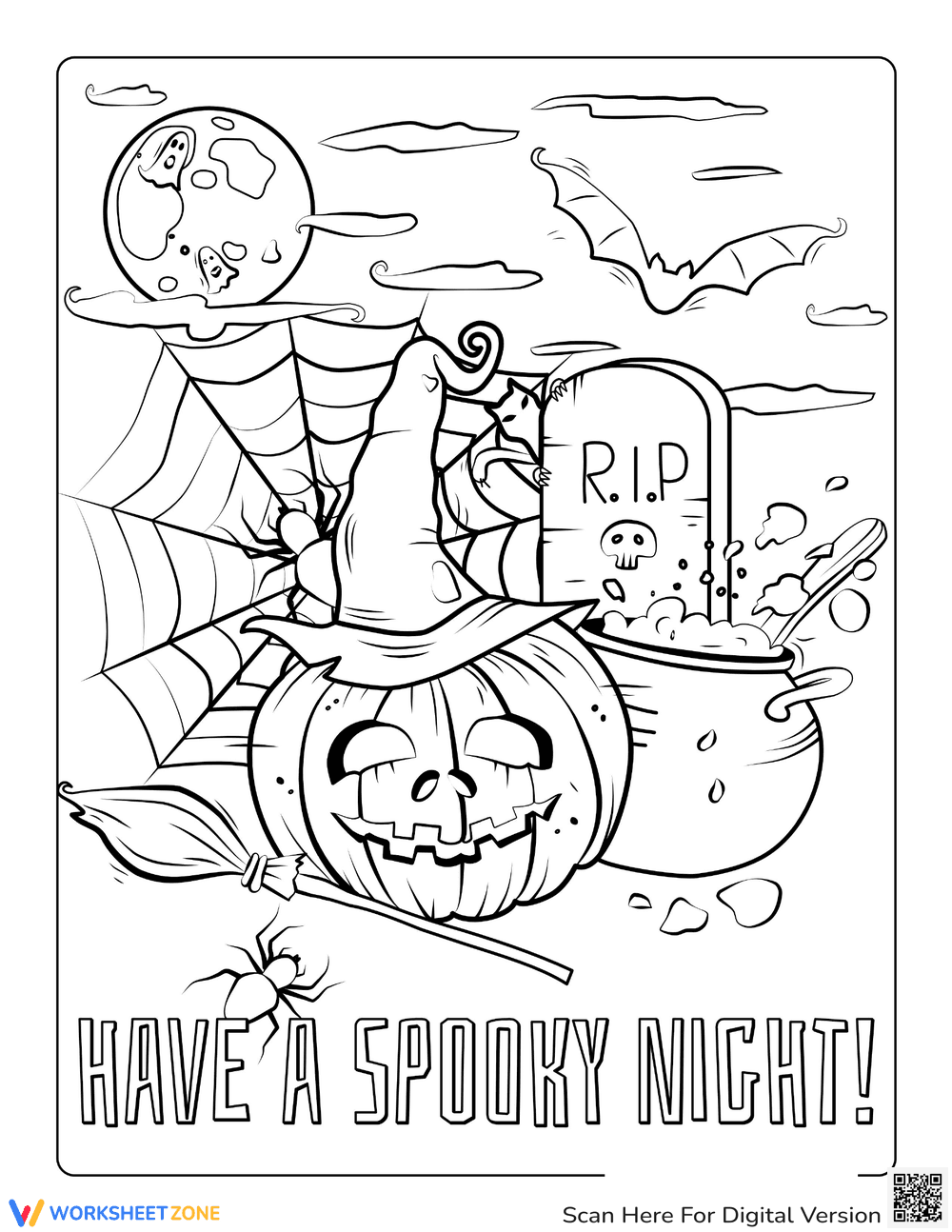 Spooky Night Halloween Graveyard Coloring Page - Page 1