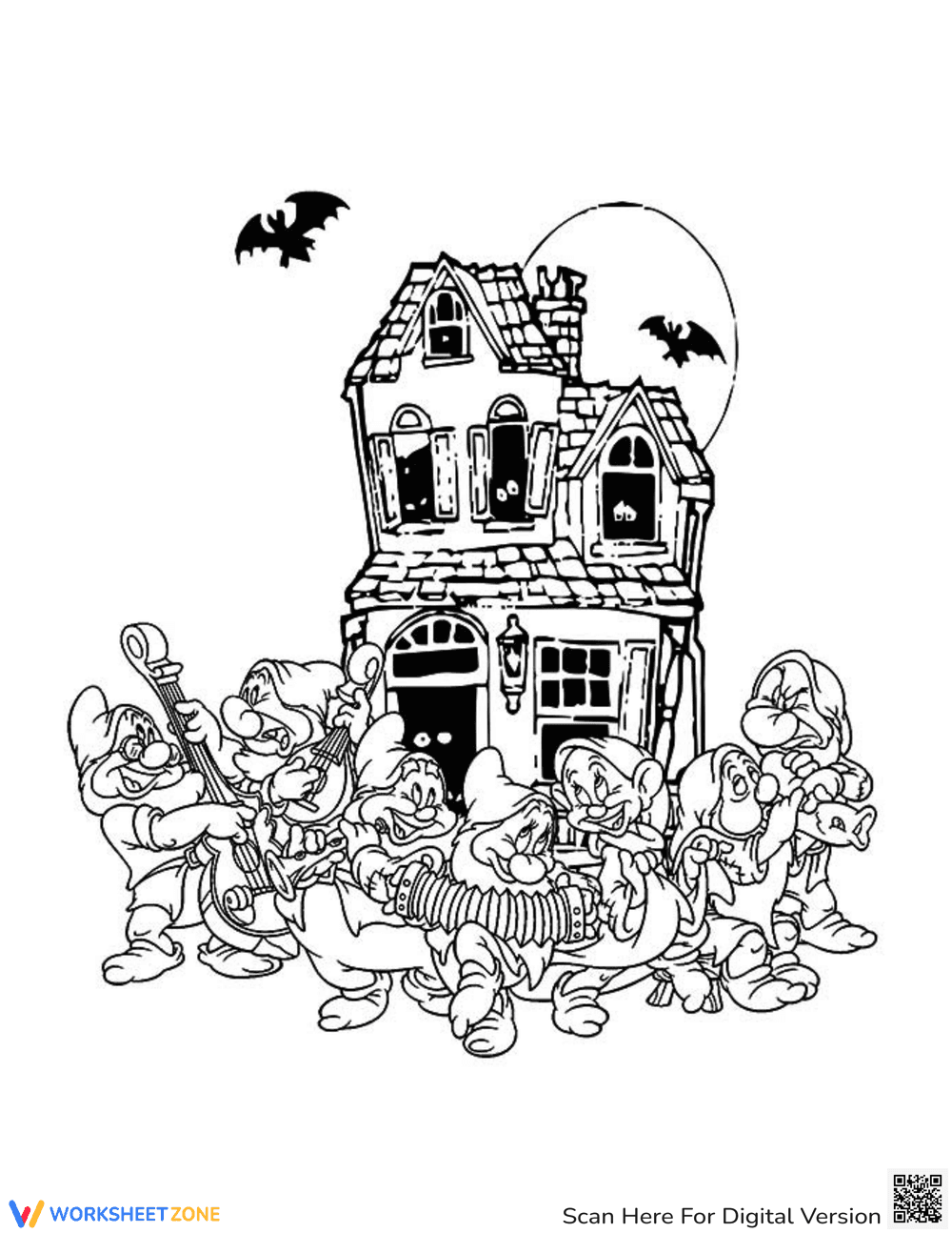 Seven Dwarfs Halloween Coloring Page - Page 1