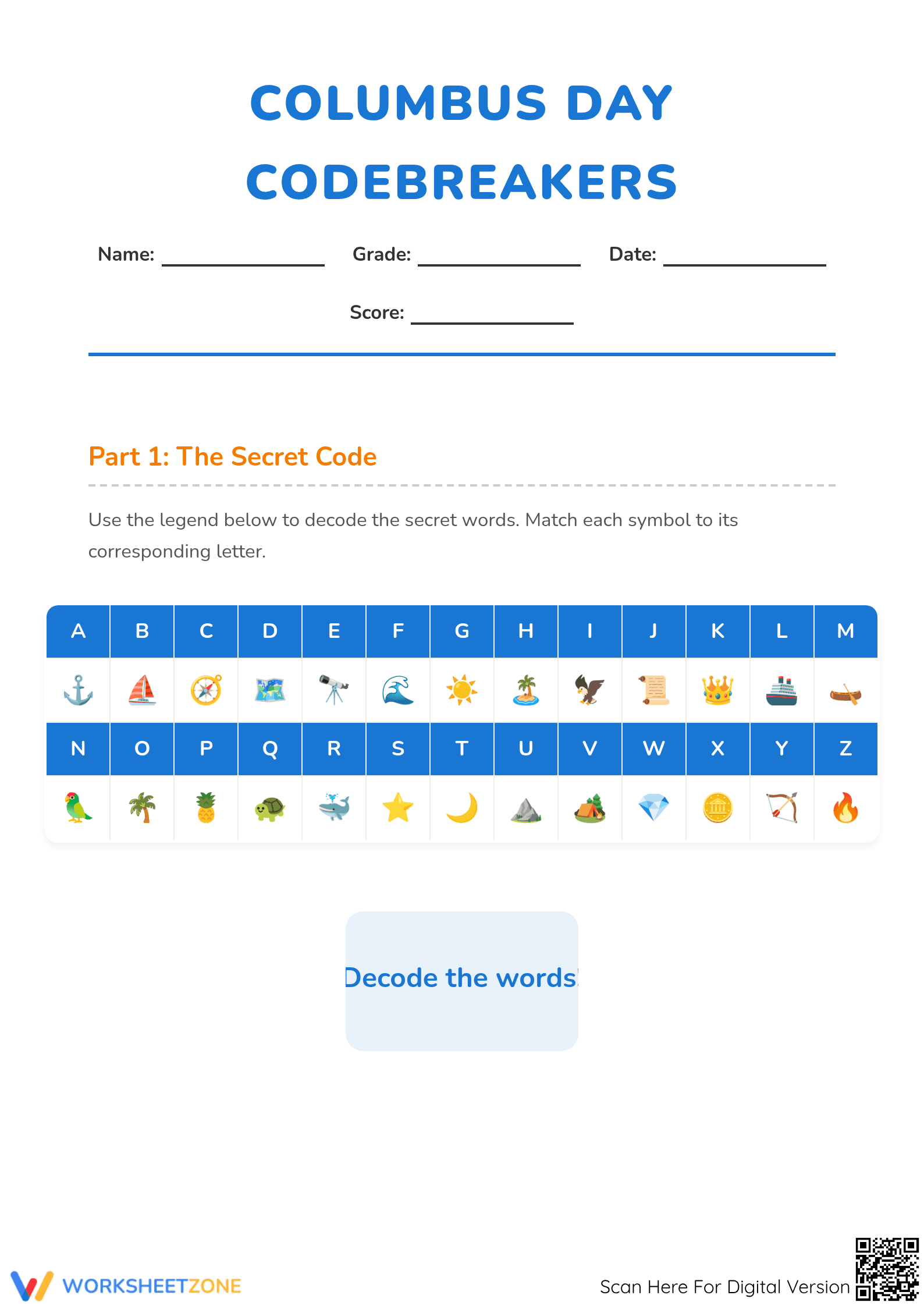 Columbus Day Codebreakers Worksheet - Page 1