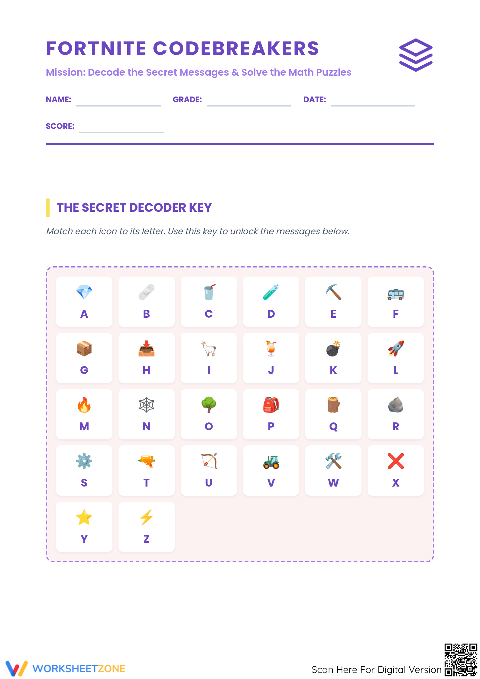 Printable Fortnite Codebreakers Worksheet | Grade 4-6 Math - Page 1