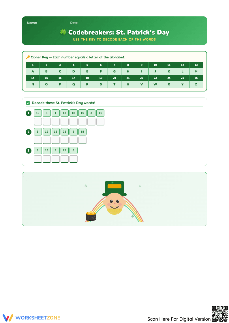 St. Patrick's Day Codebreakers Worksheet - Page 1