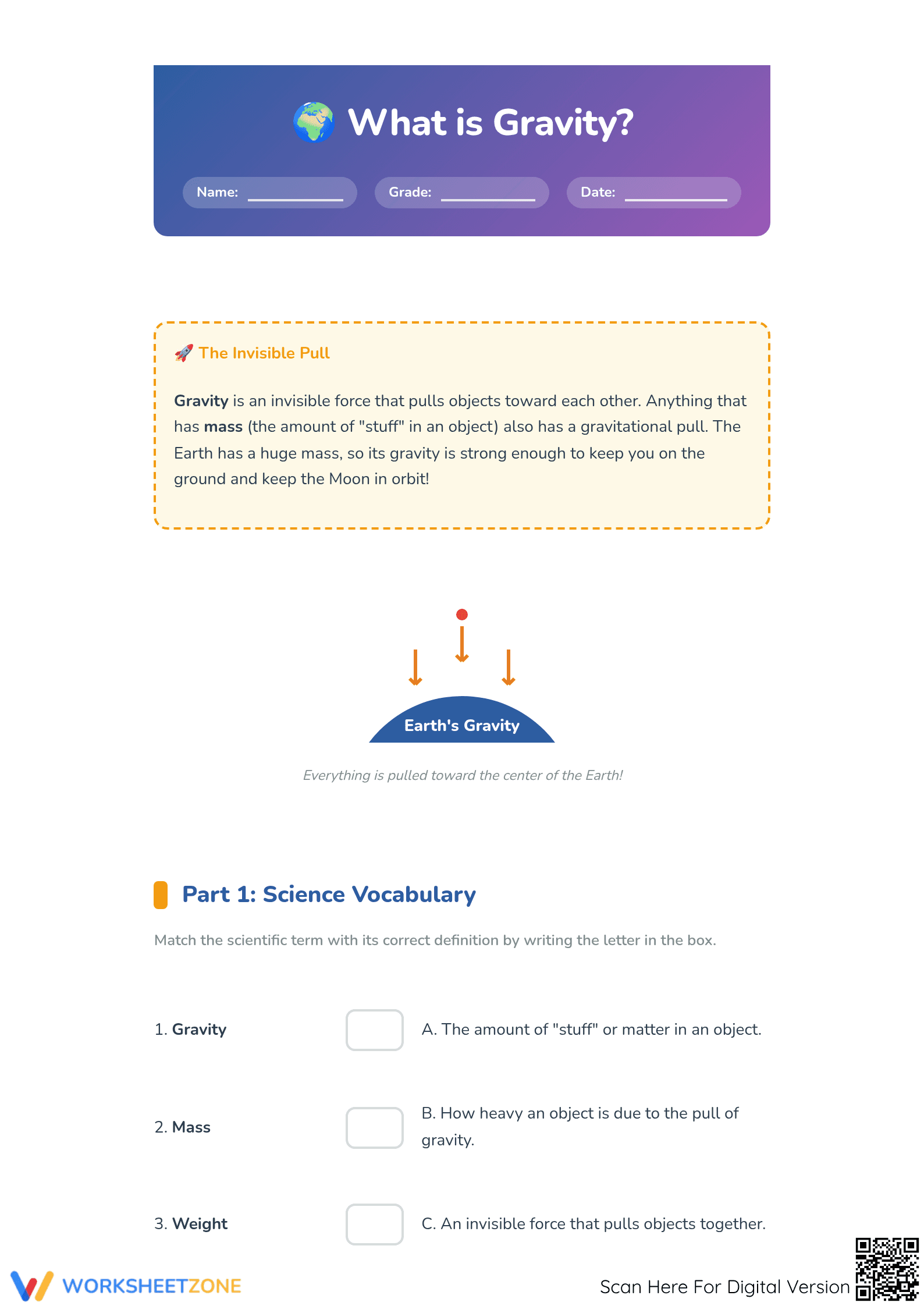 Gravity Definition Worksheet for Kids - Page 1