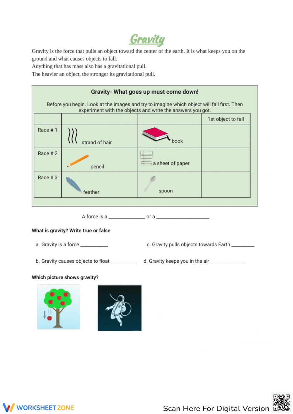 Gravity Practice Worksheet for Students - Page 1