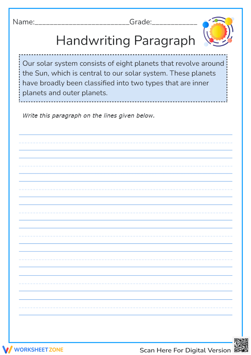 Solar System Handwriting Practice - Science & Penmanship Fun - Page 1