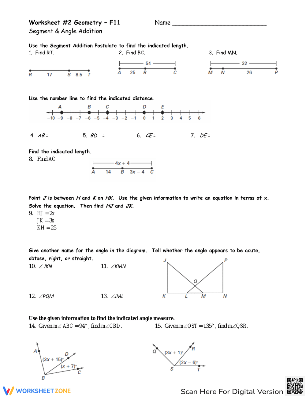 Segment and Angle Addition Worksheet - Page 1