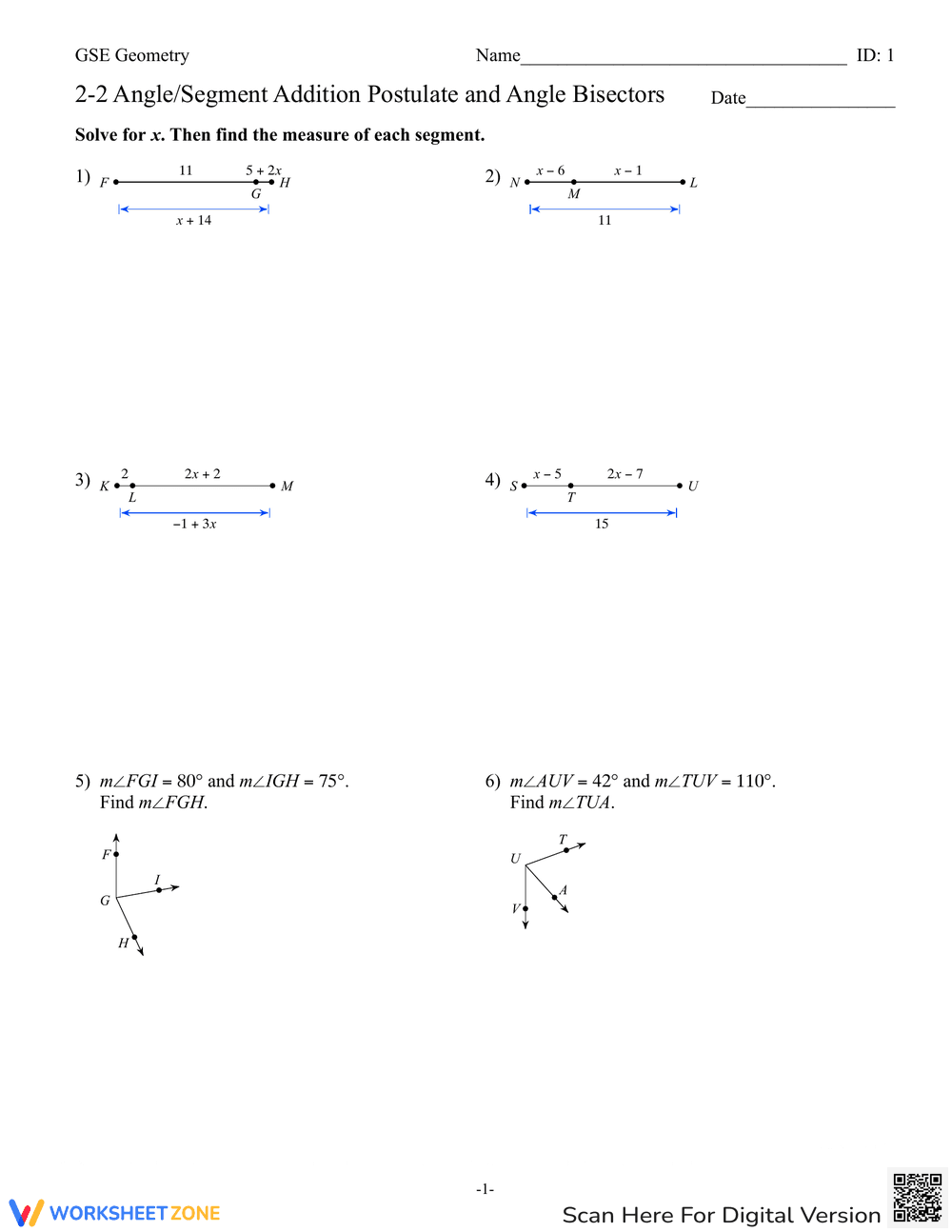 Angle & Segment Addition Postulate Worksheet - Page 1