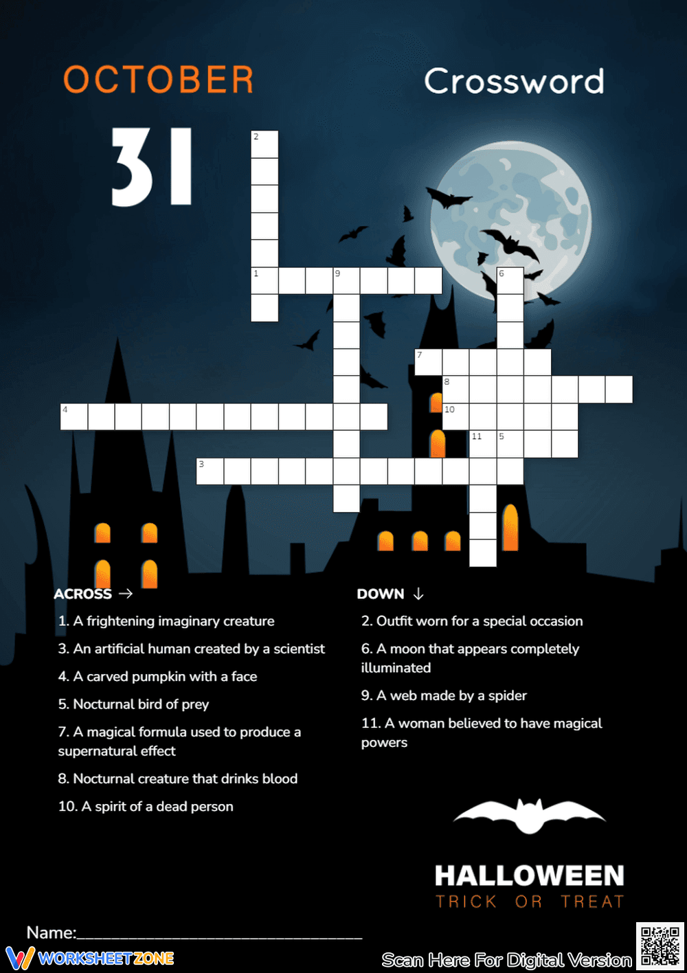 Halloween Crossword Puzzle - Spooky Vocabulary Fun for Grades 3-6 - Page 1