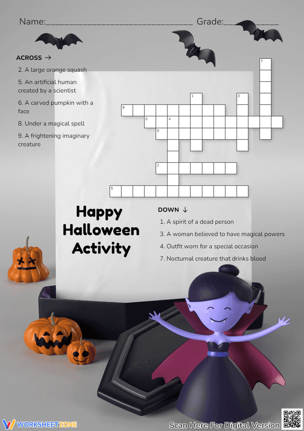 Halloween Crossword Puzzle - Vocabulary & Spelling Fun! - Page 1
