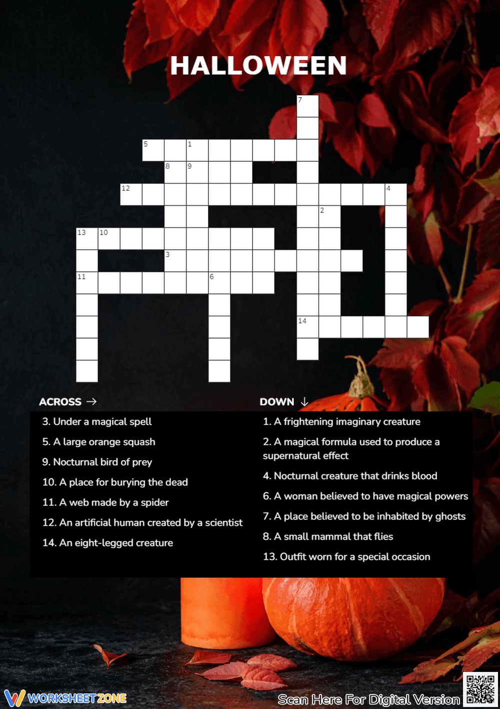 Halloween Crossword Puzzle - Spooky Vocabulary Fun! (Grades 3-6) - Page 1