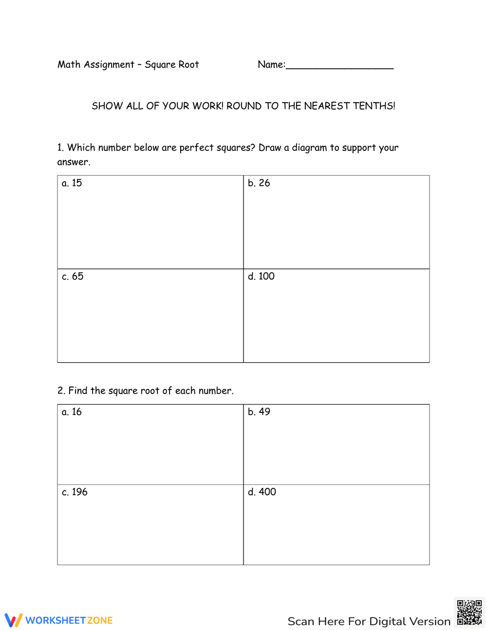 Square Root Assignment Worksheet - Page 1