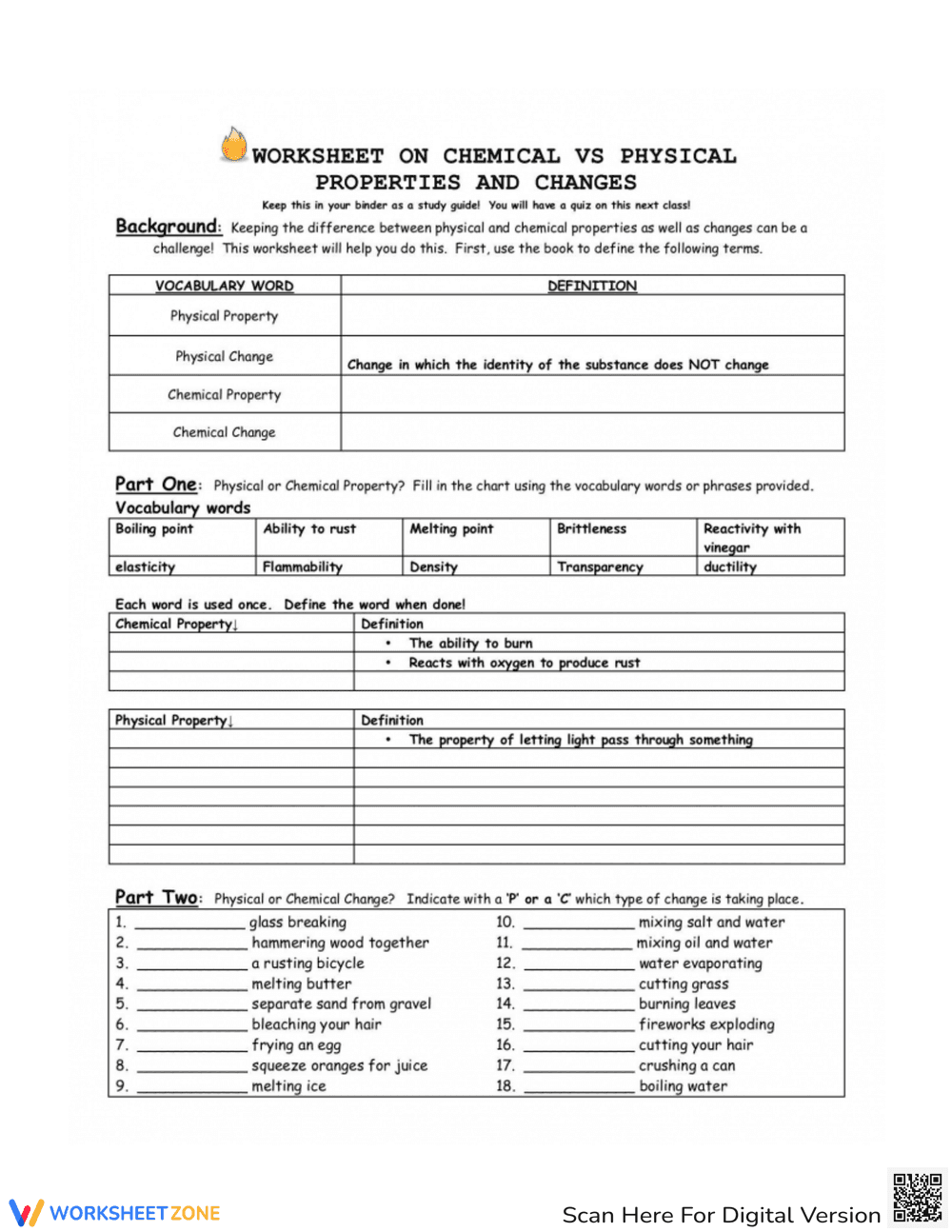 Chemical vs Physical Properties Worksheet - Page 1