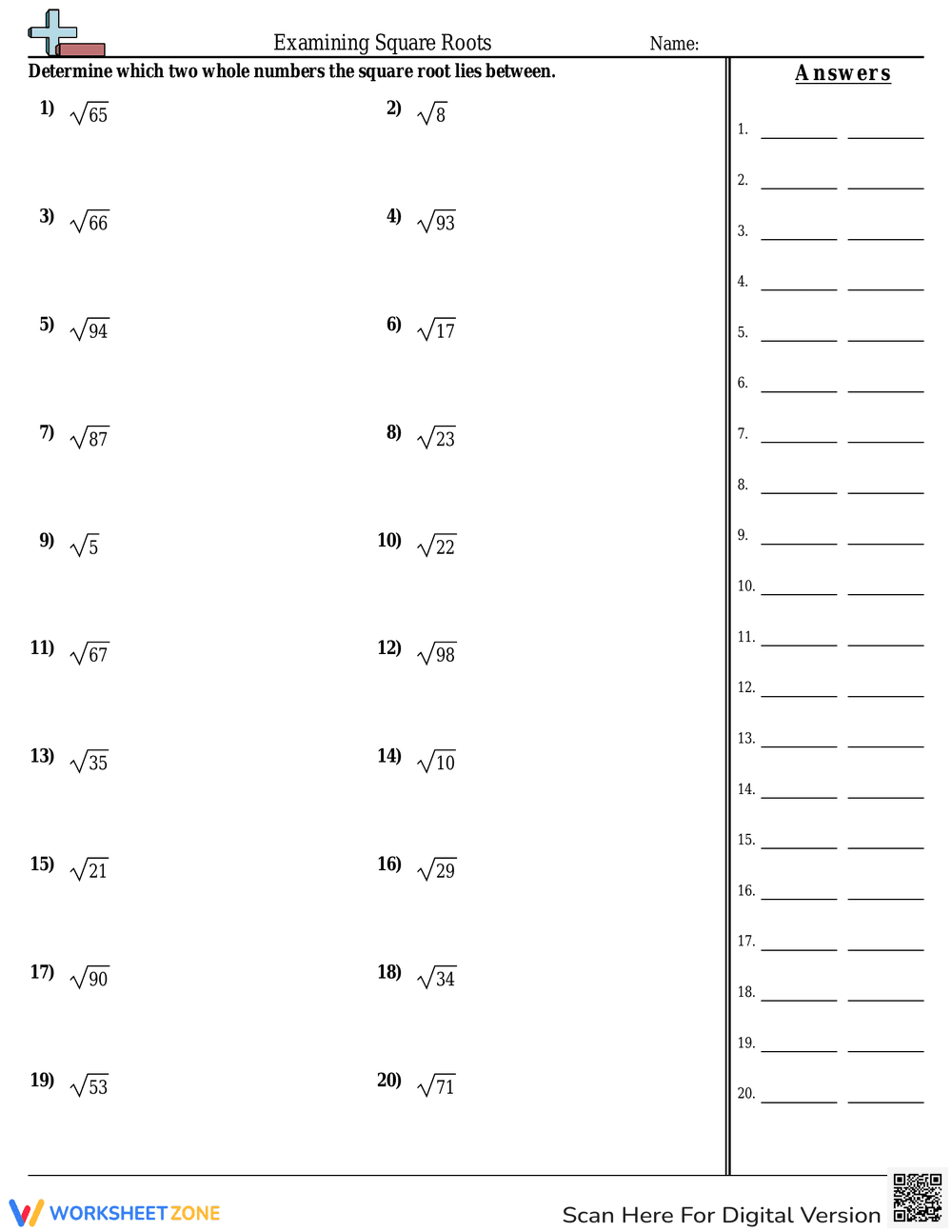 Examining Square Roots Worksheet 1 - Page 1