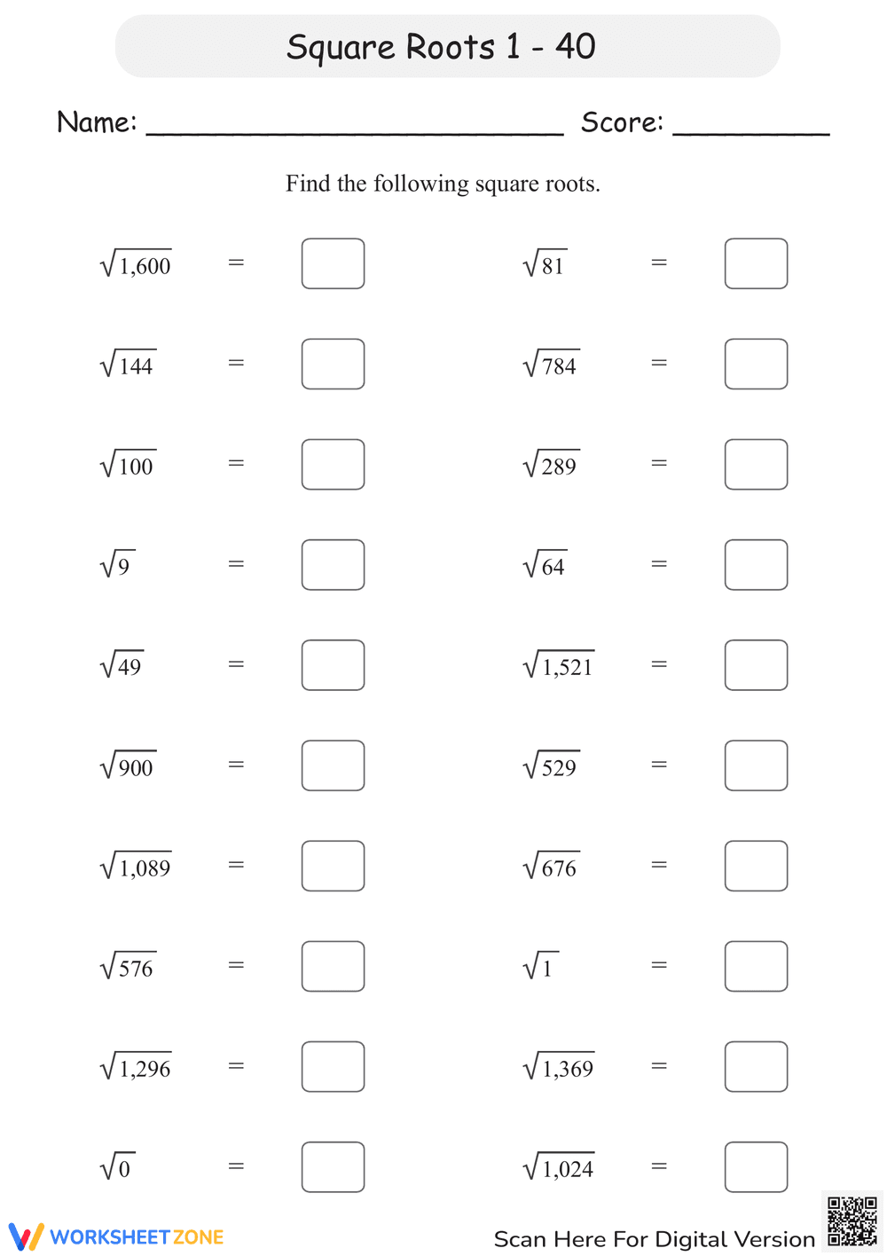 Square Roots: Practice from 1 to 40 - Page 1