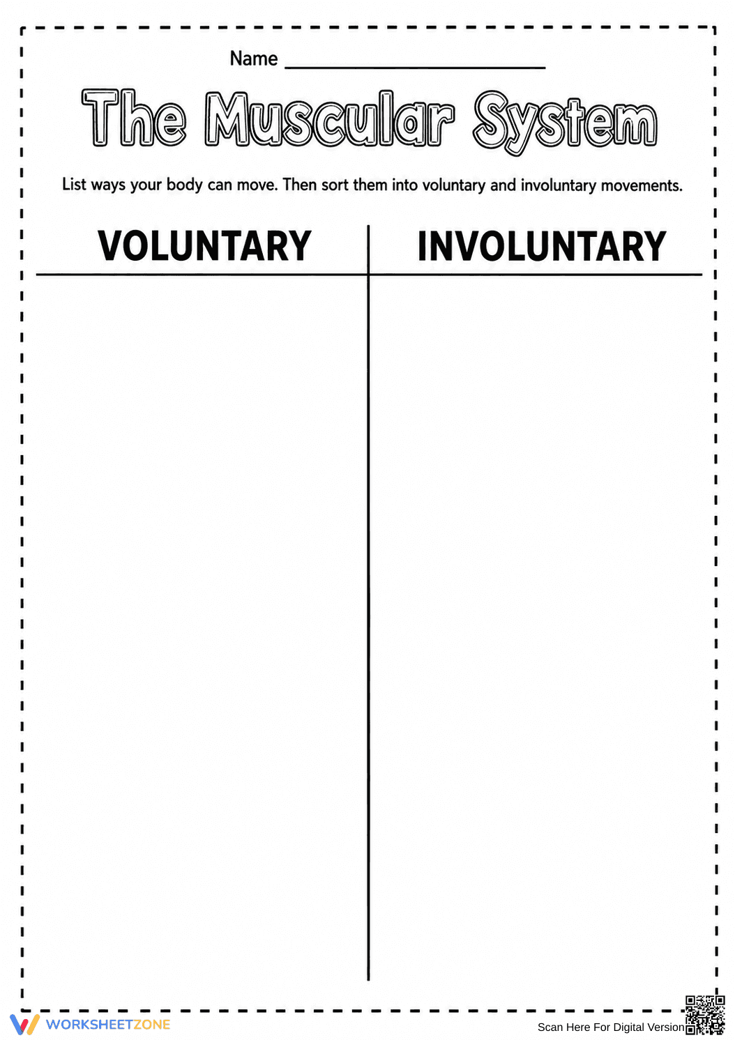 Muscular System T-Chart | Grade 6 Printable Worksheet - Page 1