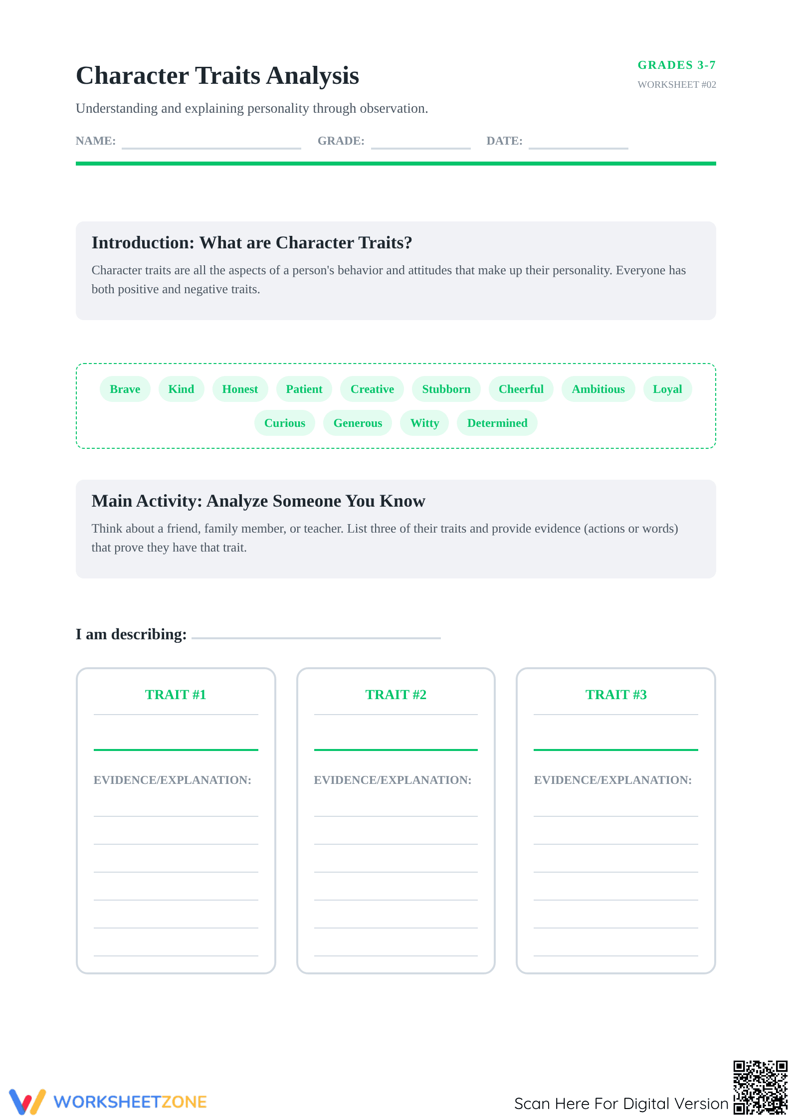 Character Traits Analysis Worksheet | Printable Grade 3-7 - Page 1