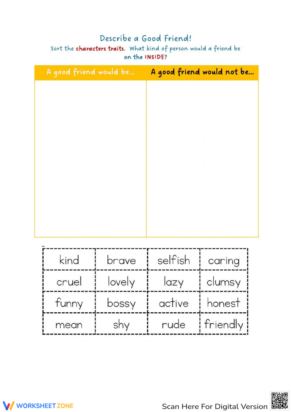 Describe a Good Friend Worksheet - Page 1