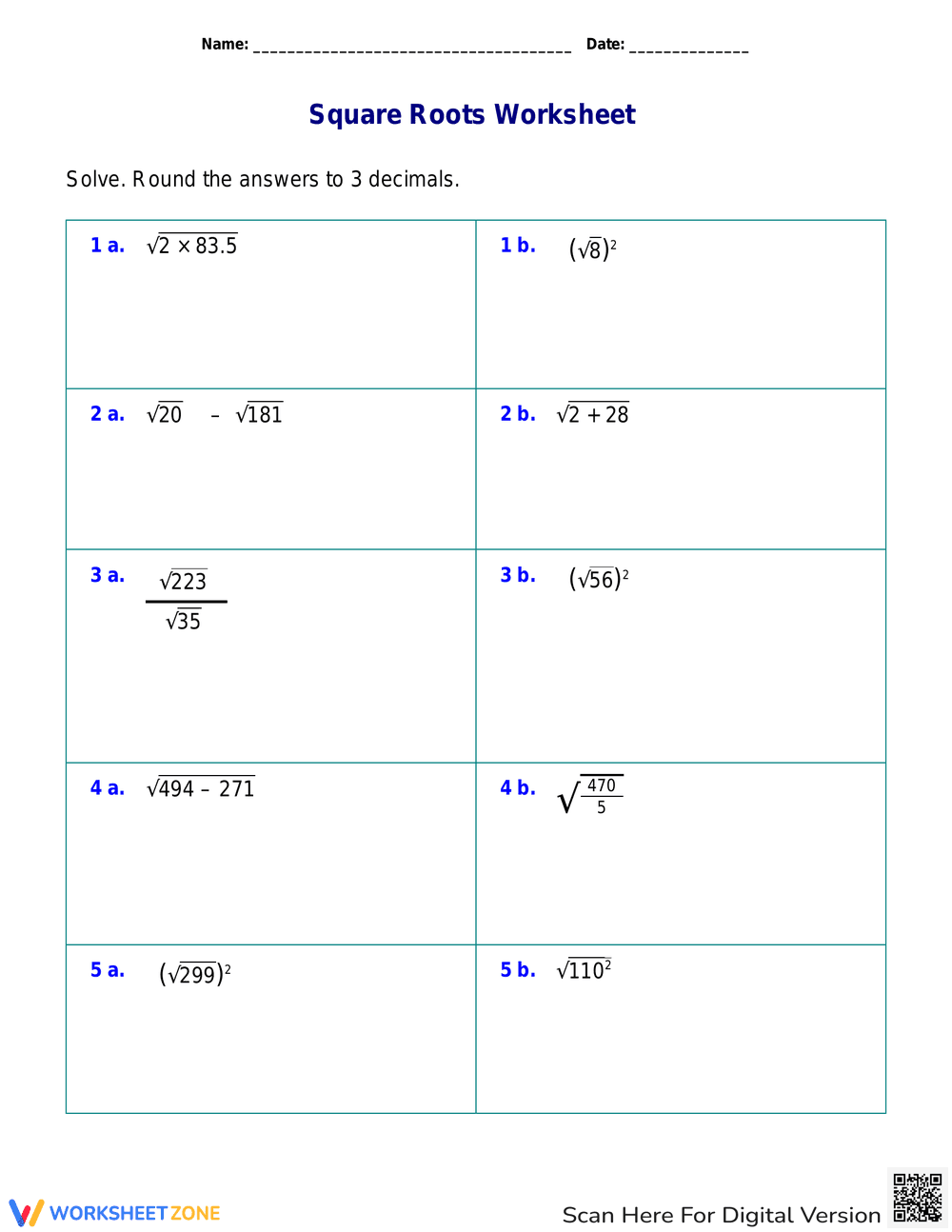 Square Roots and Operations Practice - Page 1