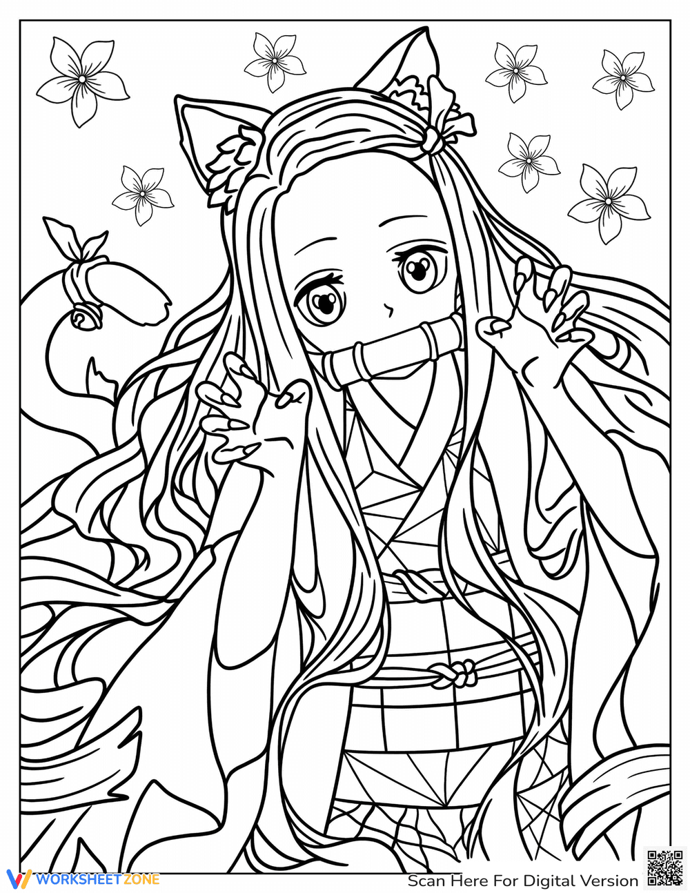 Coloring Fun: Cute Nezuko with Cat Ears and Tail - Page 1