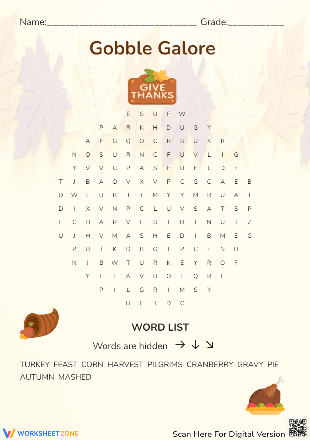 Grade 2 Thanksgiving Word Search — Printable No-Prep - Page 1