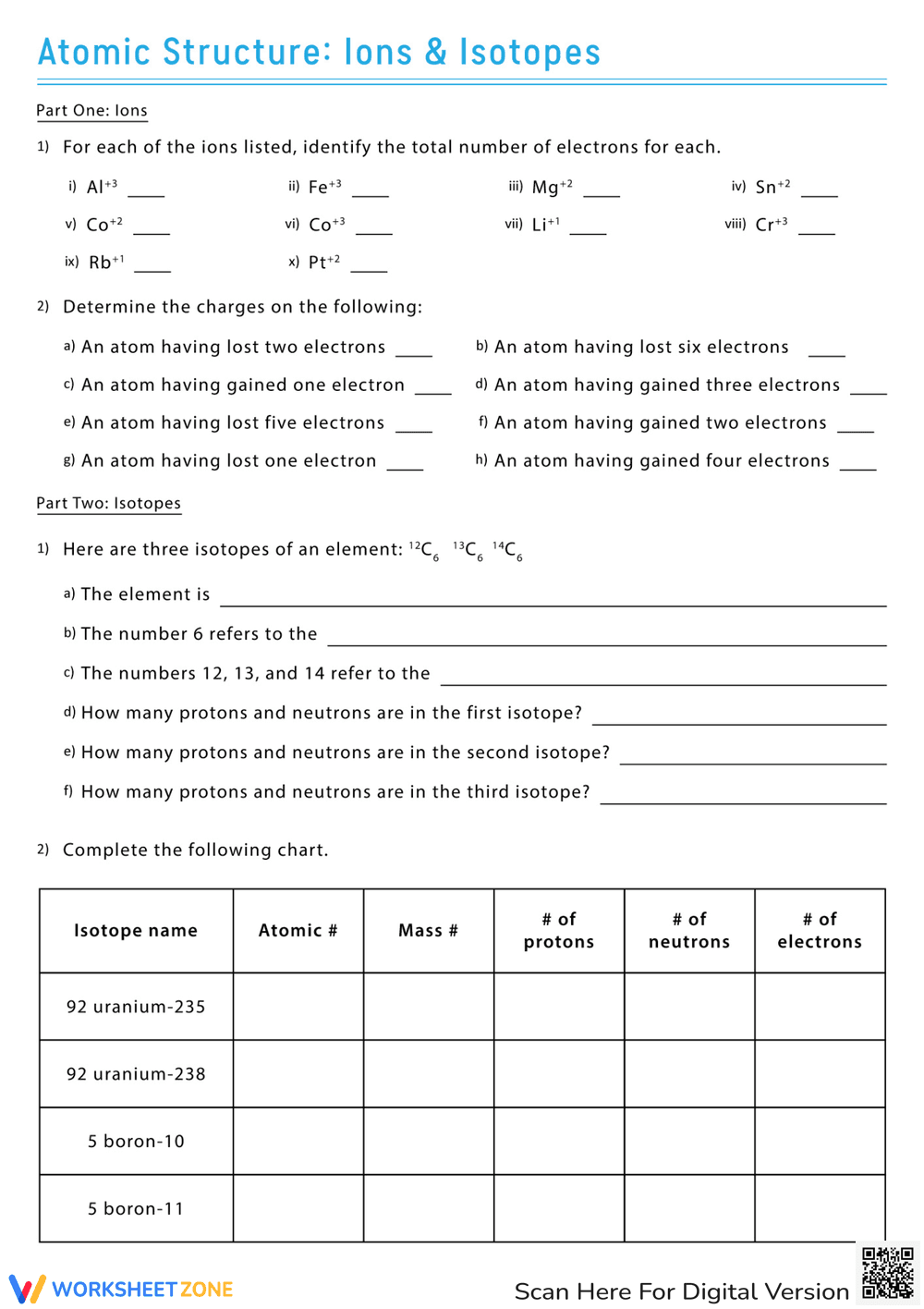 Atomic Structure, Ions, and Isotopes Worksheet - Page 1