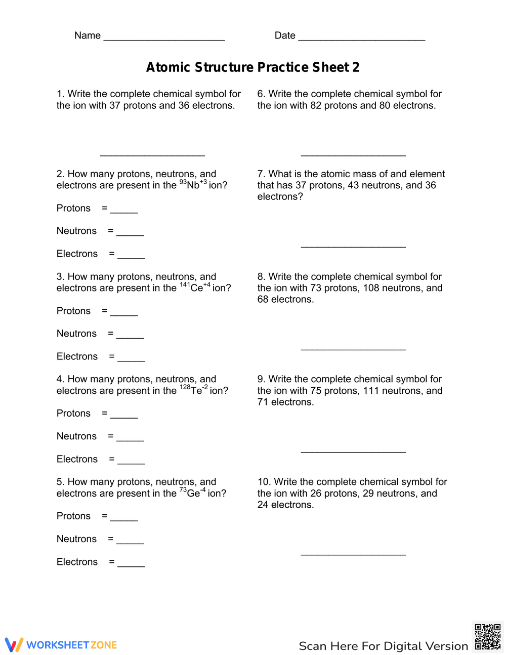 Atomic Structure Practice Sheet - Page 1