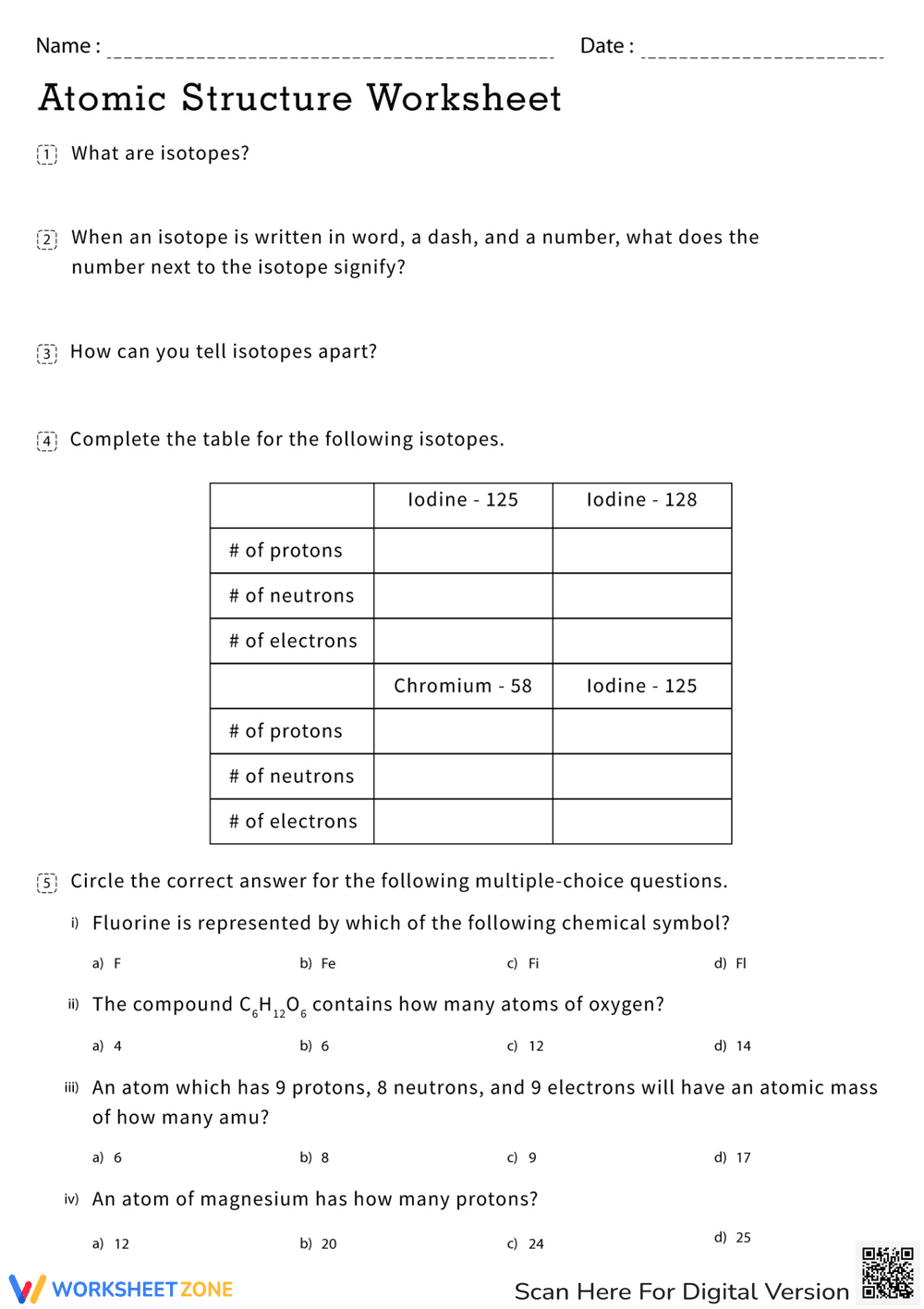 Atomic Structure Worksheet with Key - Page 1