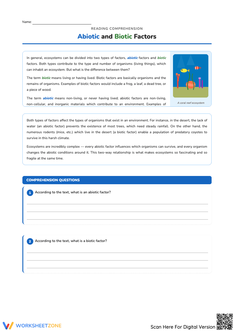Abiotic and Biotic Factors Reading Comprehension - Page 1