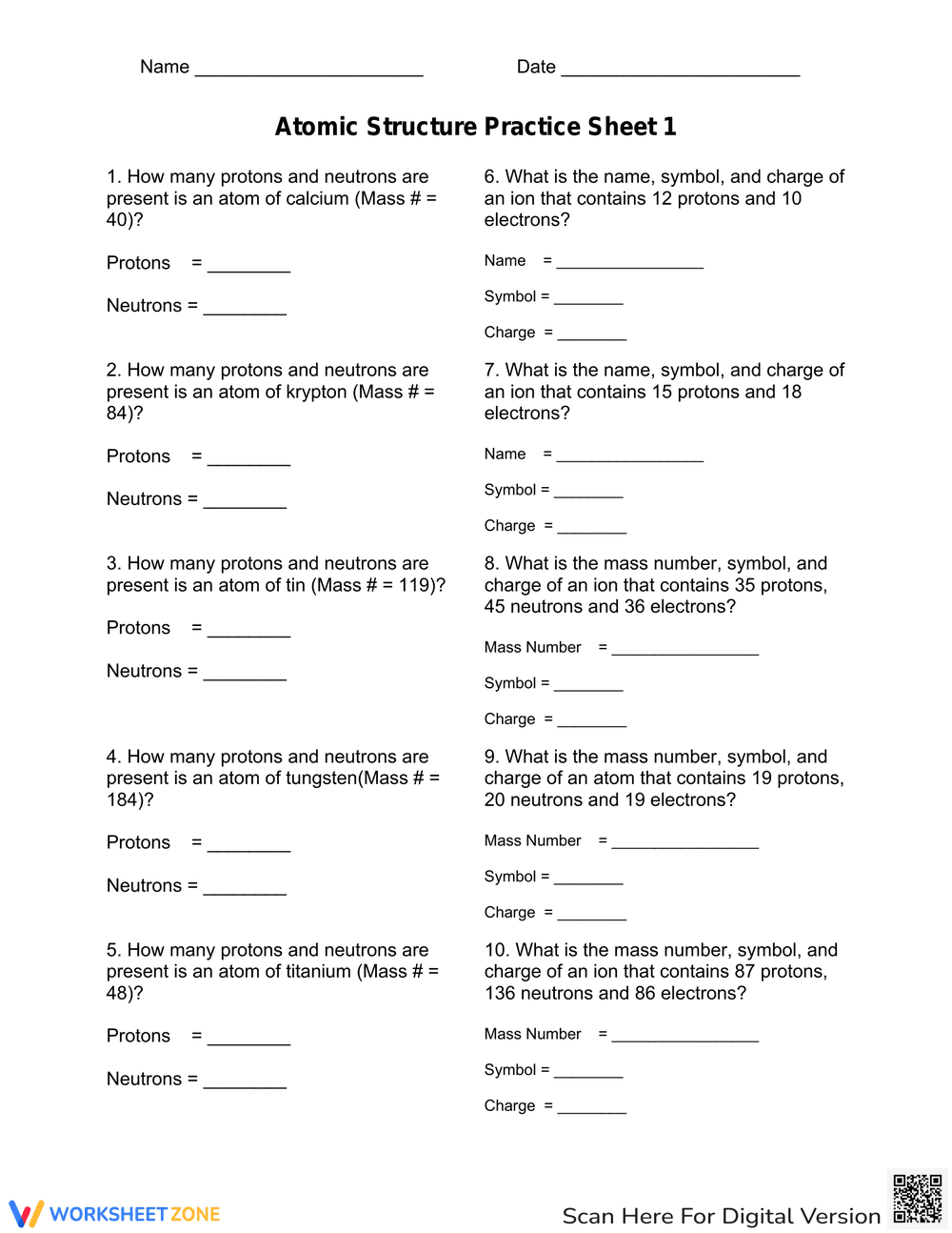 Atomic Structure Practice Sheet 1 - Page 1