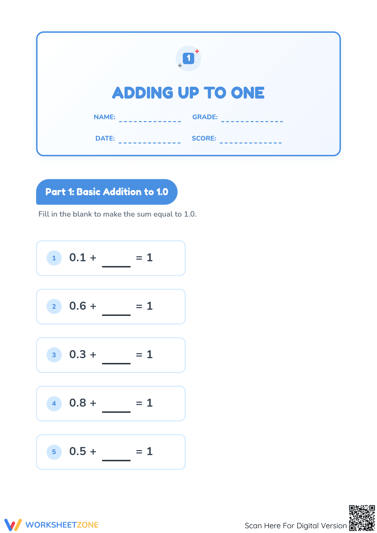 Printable Adding Up to One Worksheet | Grade 1-2 Math - Page 1