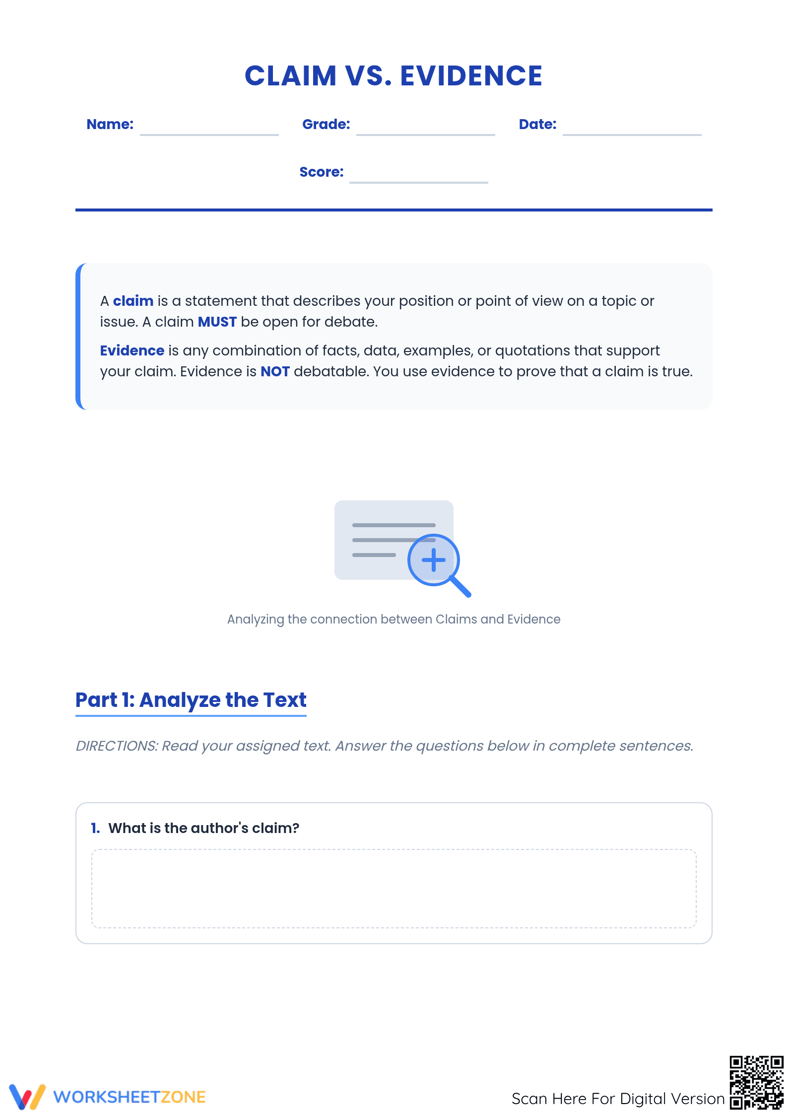 Essential Claim and Evidence Worksheet | Grade 5 Printable - Page 1