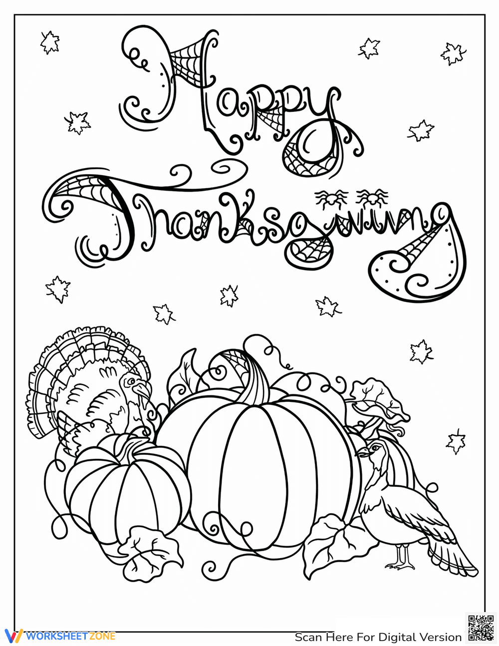 Happy Thanksgiving with Turkeys and Pumpkins Worksheet - Page 1