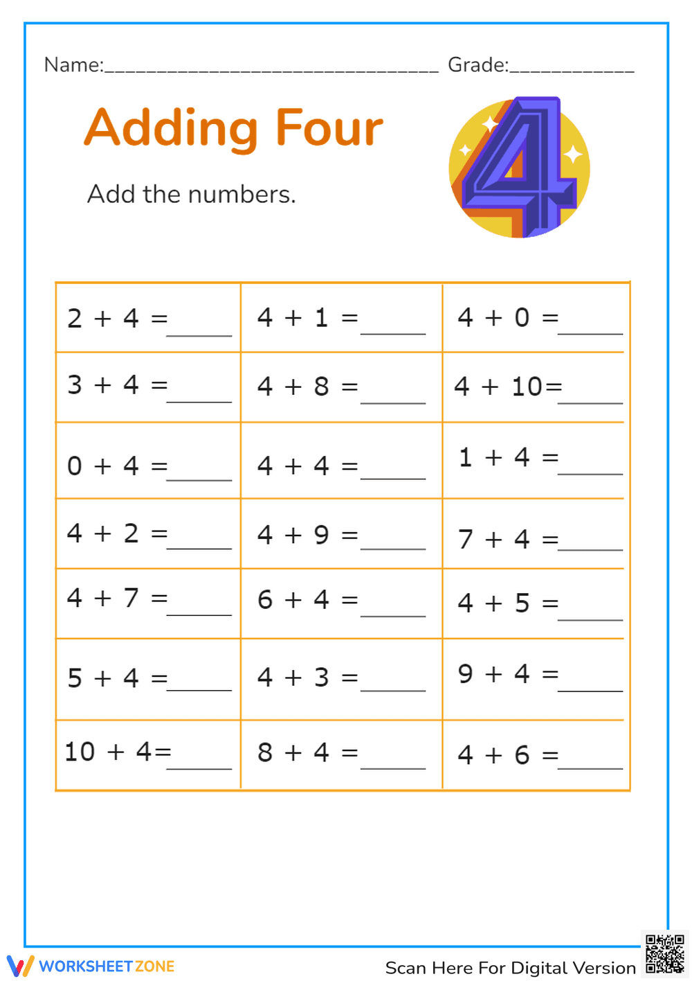 Adding Four Worksheet - Page 1
