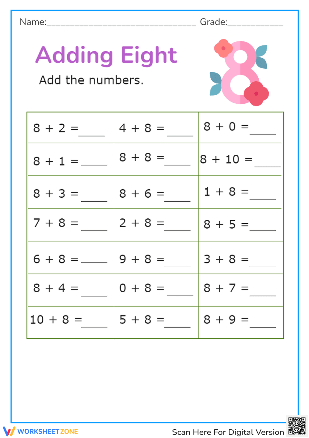 Adding Eight Worksheet - Page 1