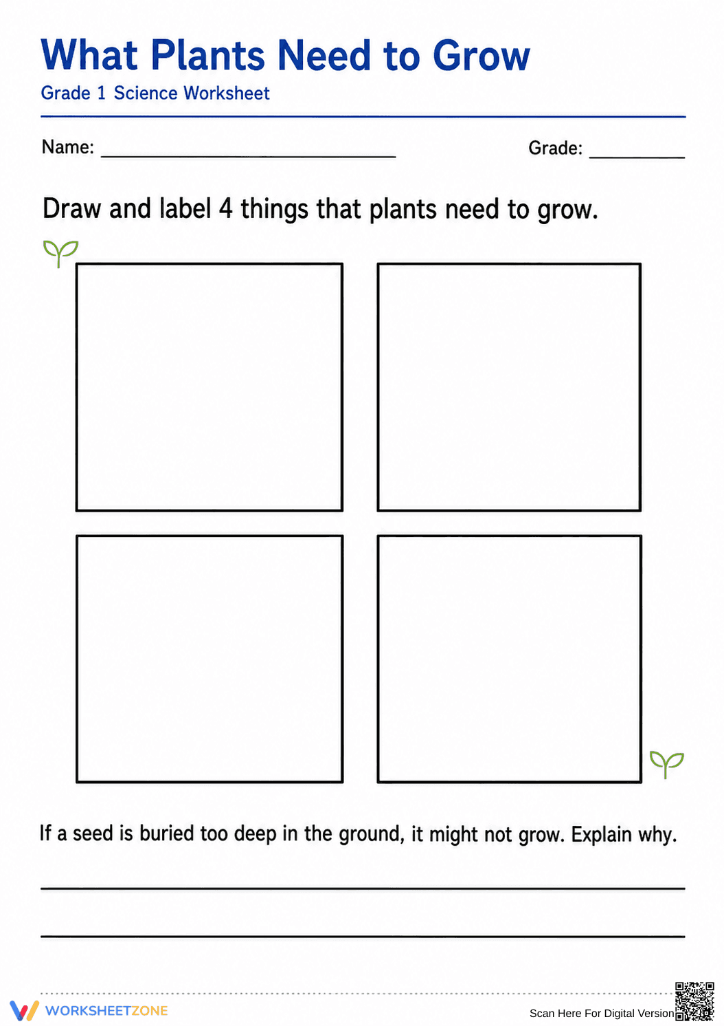 Grade 1 Plant Needs — Printable No-Prep Worksheet - Page 1