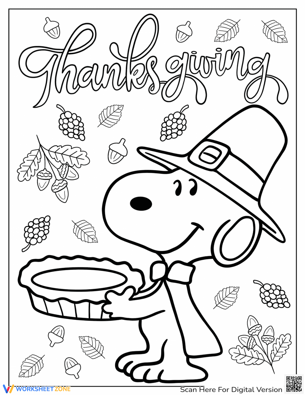 Snoopy Thanksgiving Pie Coloring Page - Page 1