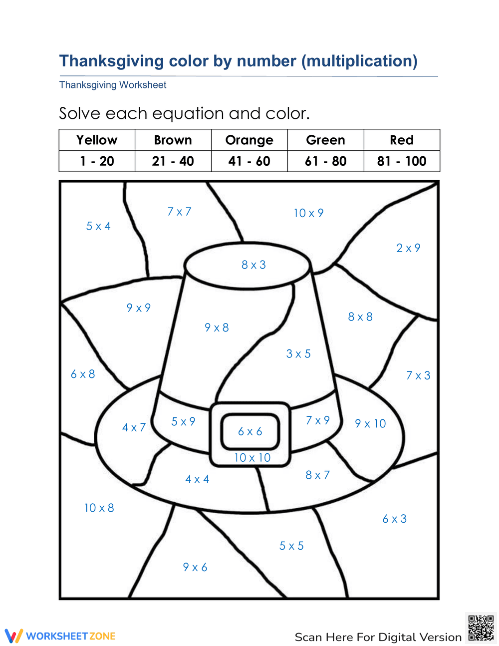 Thanksgiving Color by Number Multiplication - Page 1
