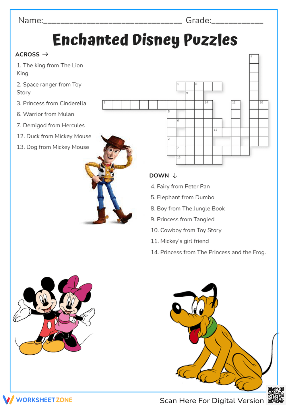Disney Crossword Puzzle | Grade 1-3 Printable - Page 1