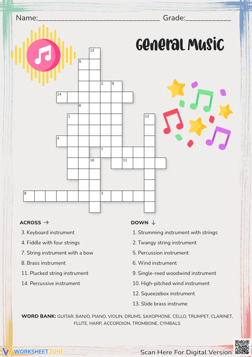 Music Instruments Crossword Puzzle - Grades 3-6 Worksheet - Page 1