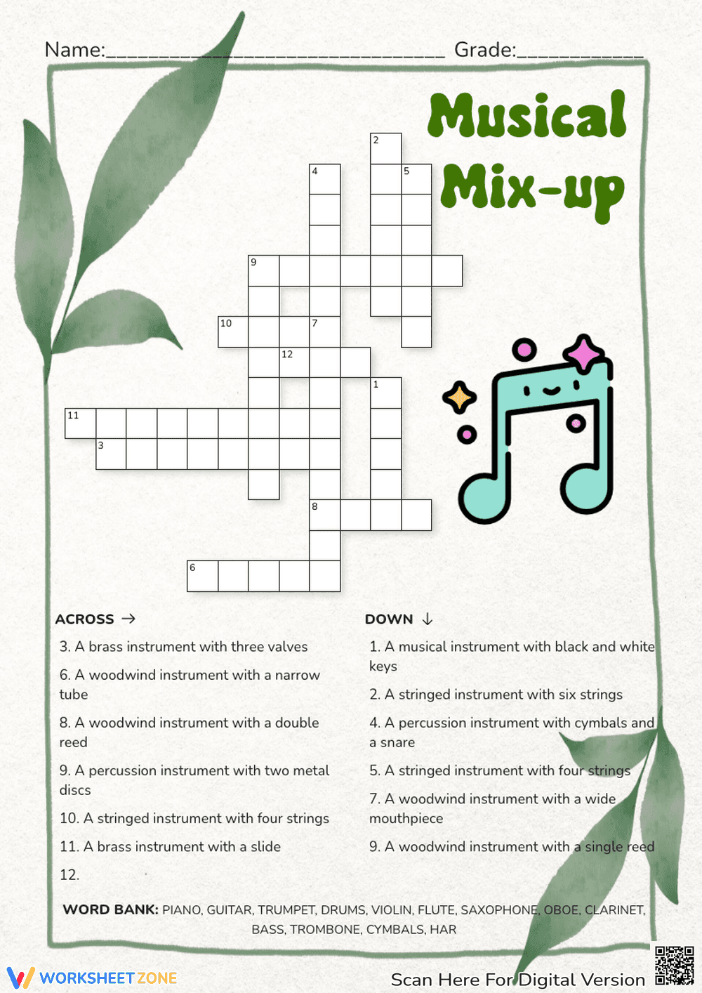 Musical Instruments Crossword Puzzle - Grades 3-6 Fun! - Page 1