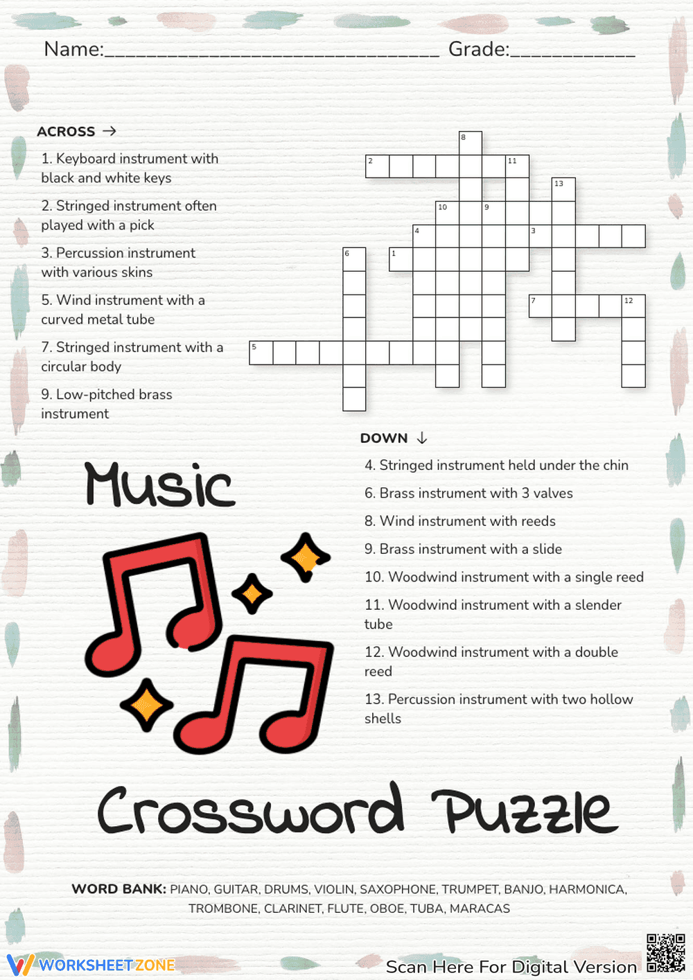 Music Instruments Crossword Puzzle - Learn the Orchestra! - Page 1