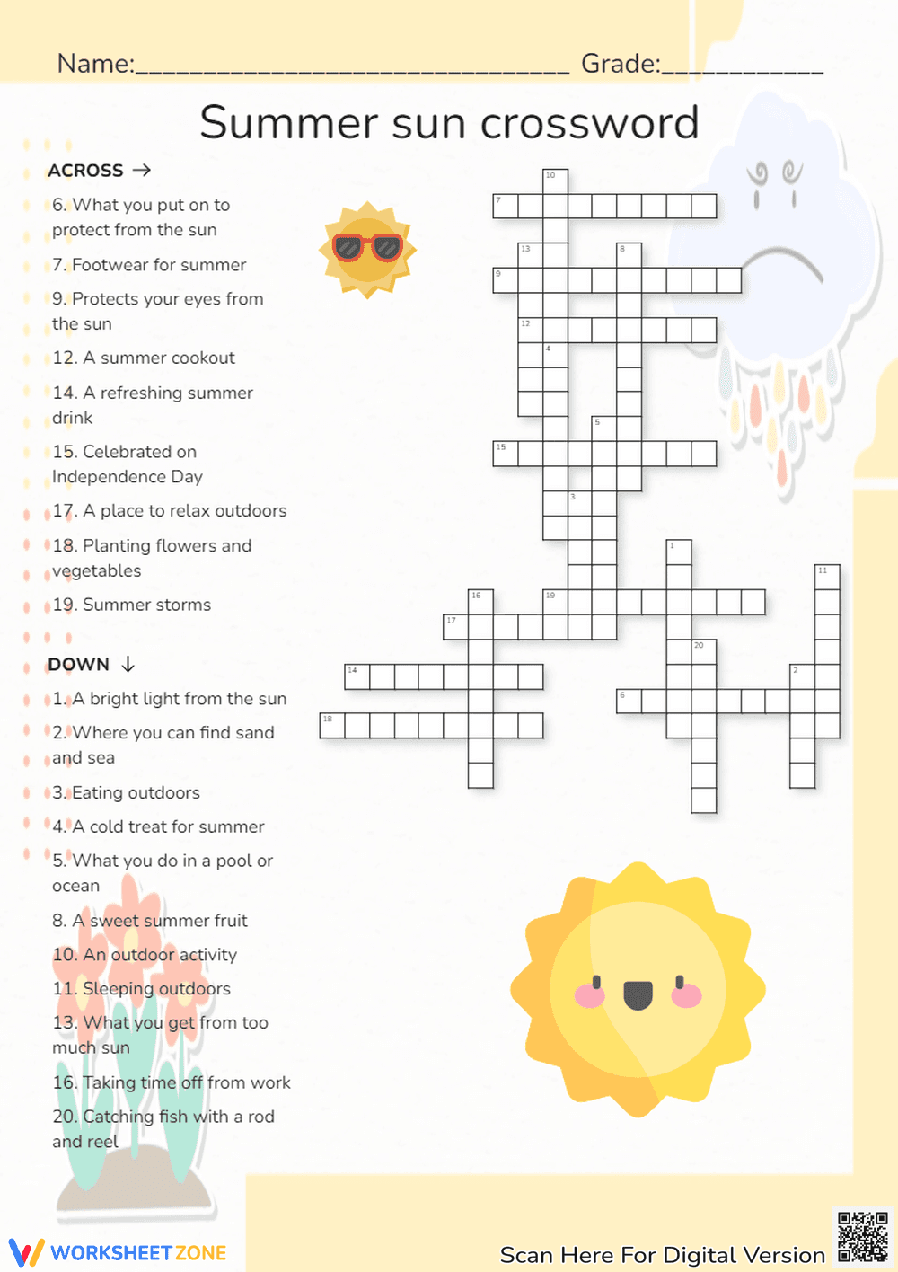 Summer Sun Crossword | Grade 1-3 Printable Worksheet - Page 1