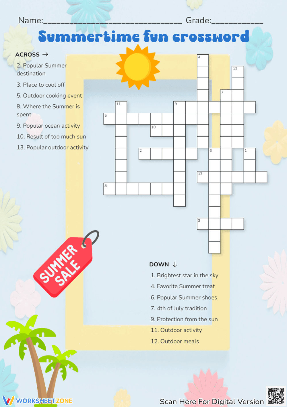 Summertime Fun Crossword Puzzle - Summer Vocabulary Worksheet - Page 1
