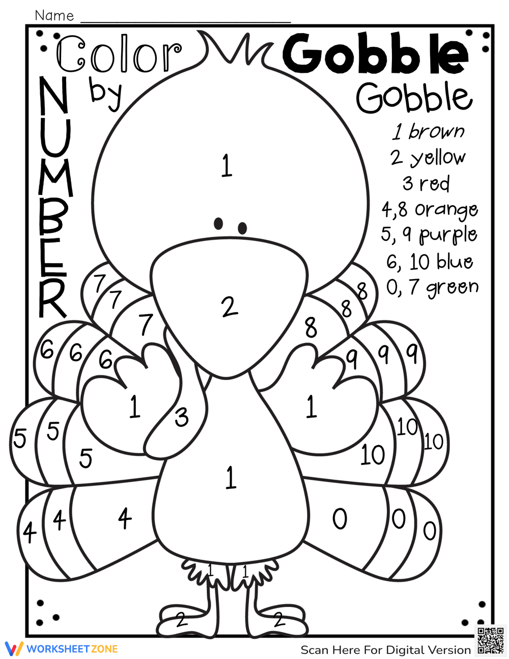 Thanksgiving Color by Number 0-10 Worksheet - Page 1