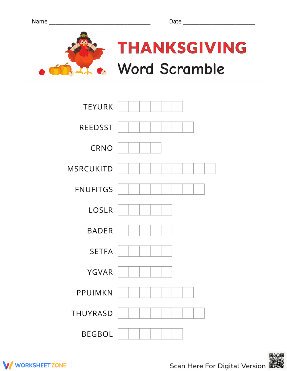 Fun Thanksgiving Word Scramble Worksheet - Page 1