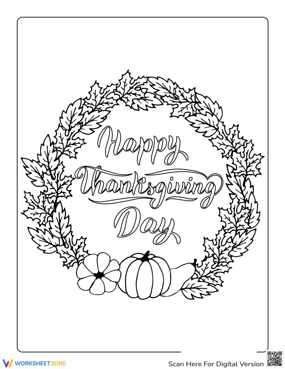 Thanksgiving Day Wreath Coloring Worksheet - Page 1
