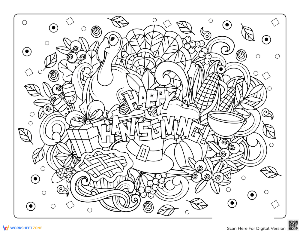 Thanksgiving Leaves Turkey Pie Coloring - Page 1