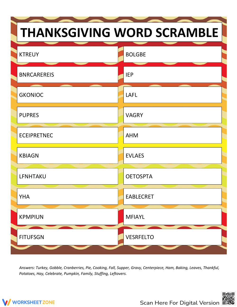 Thanksgiving Word Scramble Worksheet 1 - Page 1