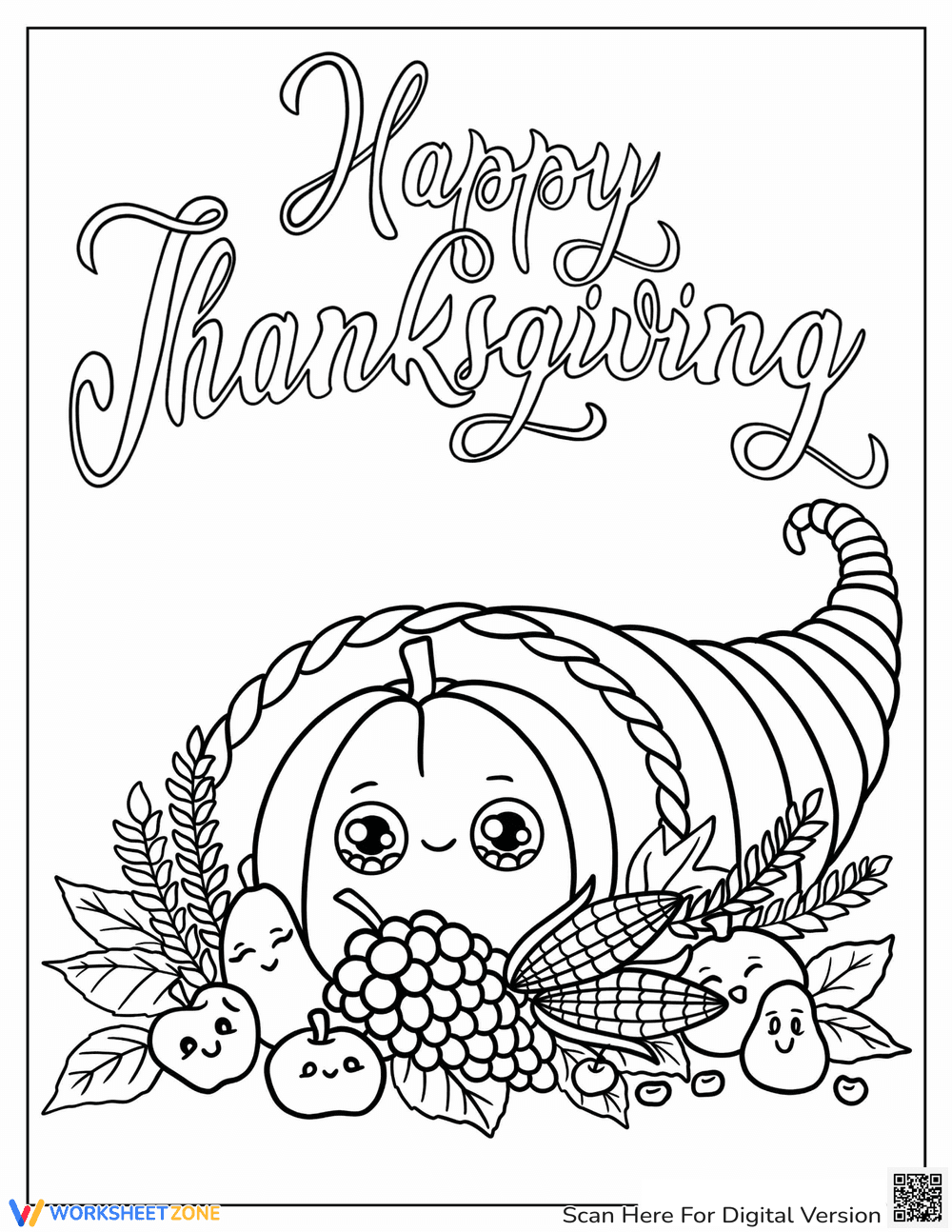 Kawaii Pumpkins and Apples Coloring Page - Page 1