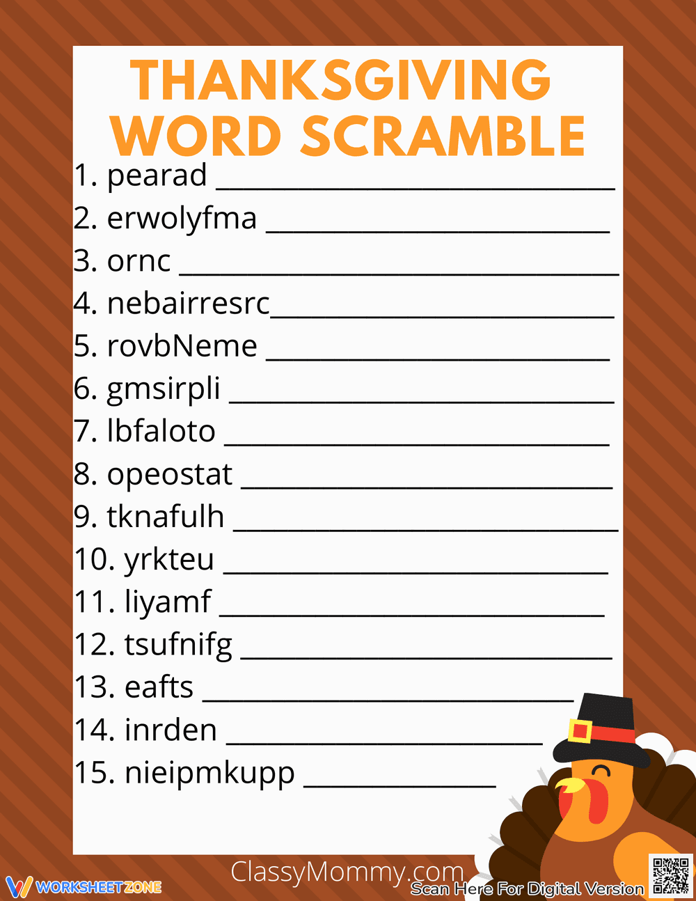 Thanksgiving Easy Word Scramble Worksheet - Page 1